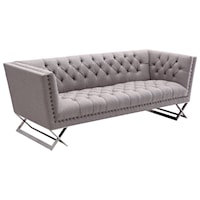 Contemporary Grey Tweed Tufted Sofa with Nailheads and Stainless Steel Legs