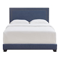 Transitional Nailhead Trim Upholstered Queen Bed in Heathered Denim Blue