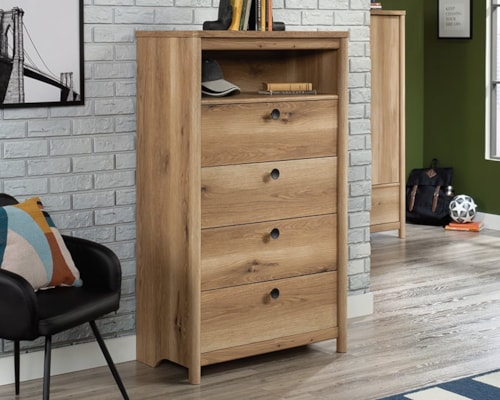 Casual Four-Drawer Chest with Open Storage Shelf