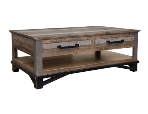 Rustic 4-Drawer Cocktail Table with Fixed Bottom Shelf