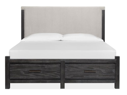 Transitional King Upholstered Panel Bed with Storage Footboard