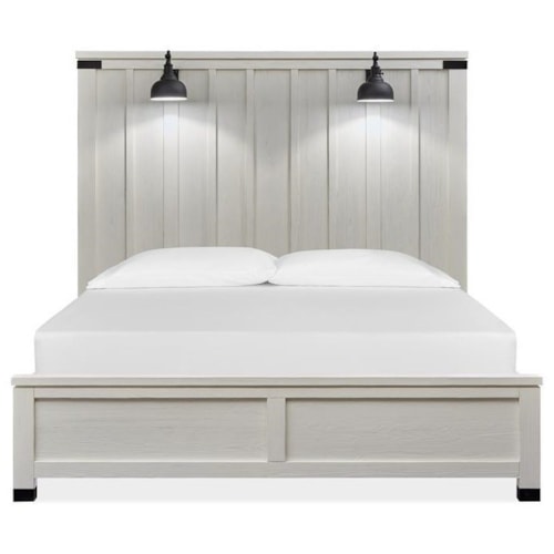 Industrial Farmhouse King Panel Bed with Built-In Lighting