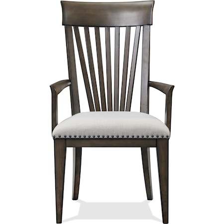 Transitional Upholstered Slat Back Arm Chair with Nailhead Trim