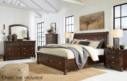 King Sleigh Storage Bed, Dresser, Mirror and Nightstand