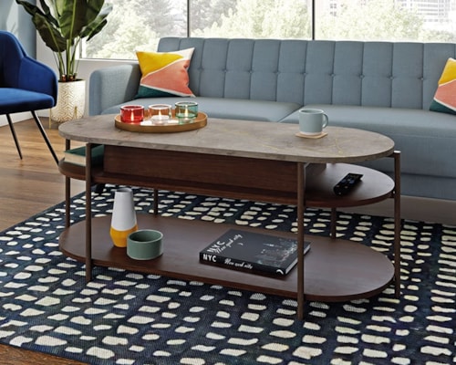 Contemporary Faux Stone Lift-Top Coffee Table with Open Shelf Storage