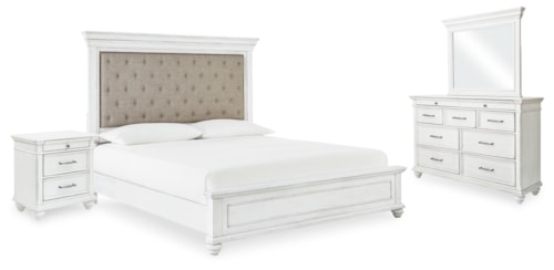 Queen Upholstered Panel Bed, Dresser, Mirror, And Nightstand