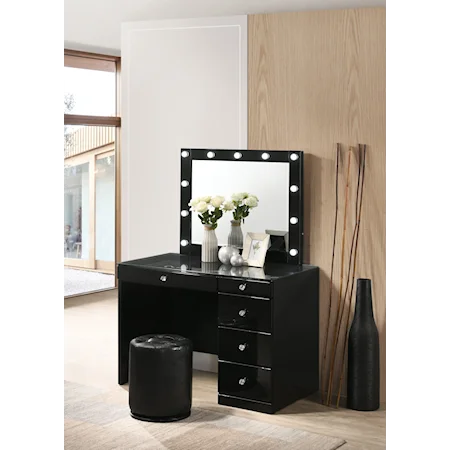 Glam Vanity Desk and Stool Set - Black
