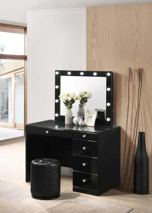 Glam Vanity Desk and Stool Set - Black