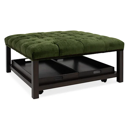 Transitional Square Tufted Cocktail Ottoman with Casters and Two Trays