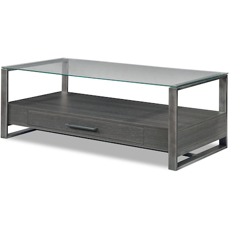 Contemporary Cocktail Table with Lower Shelf and Single Drawer