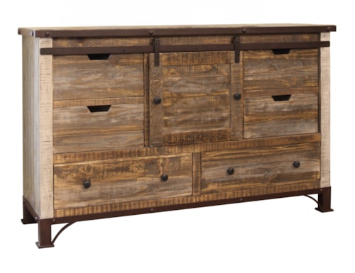 Rustic 6-Drawer Dresser with Barn-Style Door