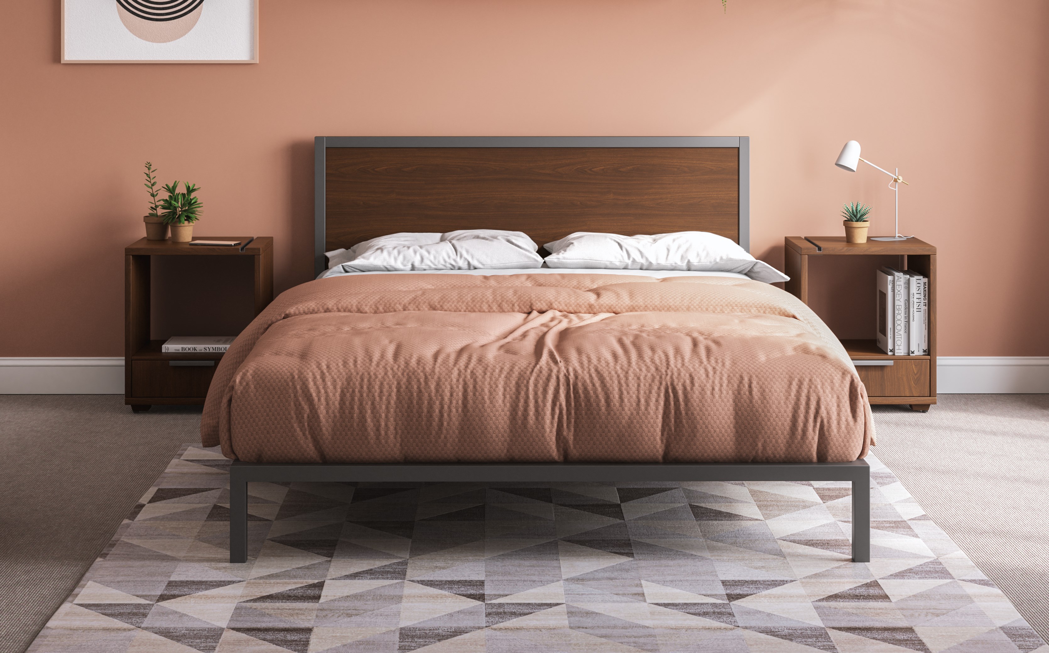 Queen Platform Bed with Two Nightstands