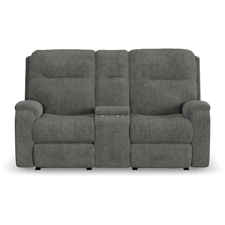 Transitional Power Reclining Console Loveseat with Power Headrests and Lumbar