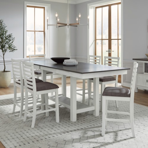 Transitional 7-Piece Gathering Trestle Table Dining Set with Ladder Back Stools