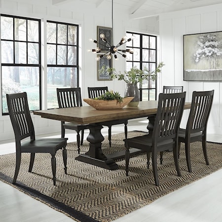 Transitional 7-Piece Trestle Table Set with Slat Back Design Chairs