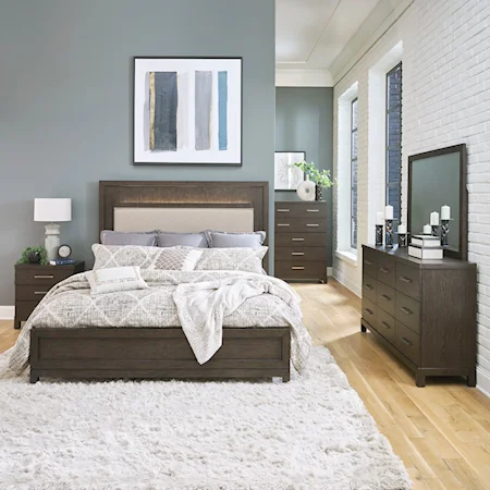 Contemporary 6-Piece Queen Bedroom Group (Includes Queen Bed, Dresser, Mirror, Chest, and Two Nightstands)