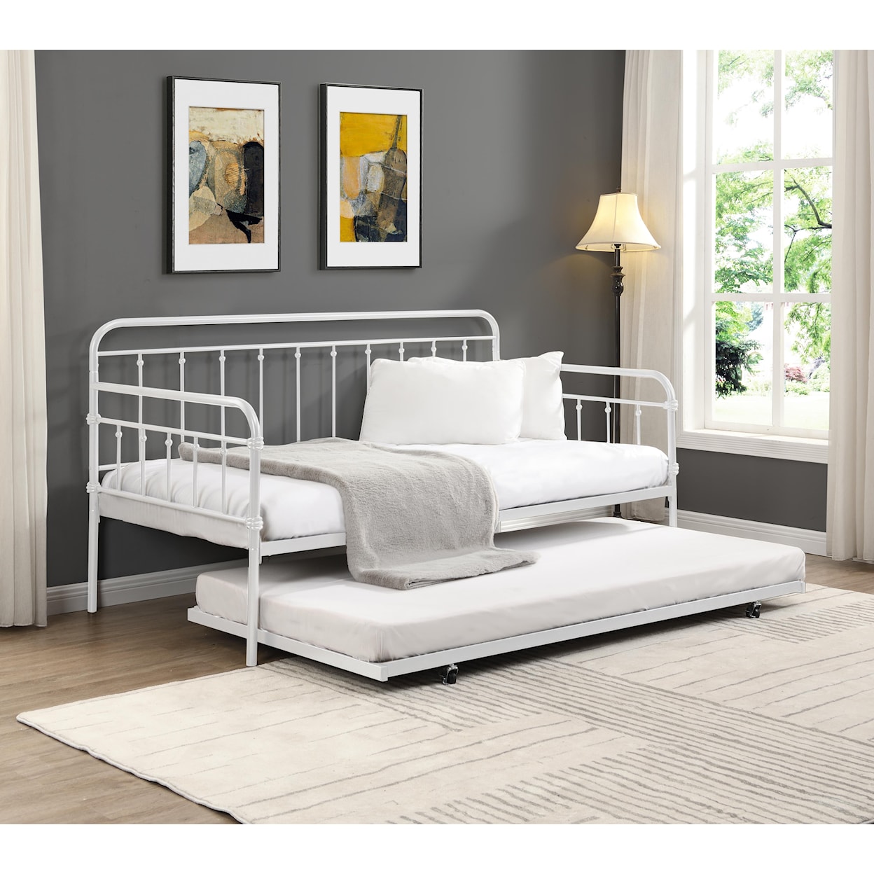 Milton Greens Stars Day Beds WHITE METAL DAY BED WITH TWIN | TRUNDLE
