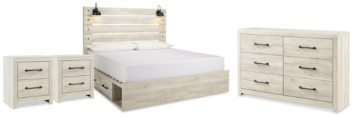 King Panel Storage Bed, Dresser And 2 Nightstands