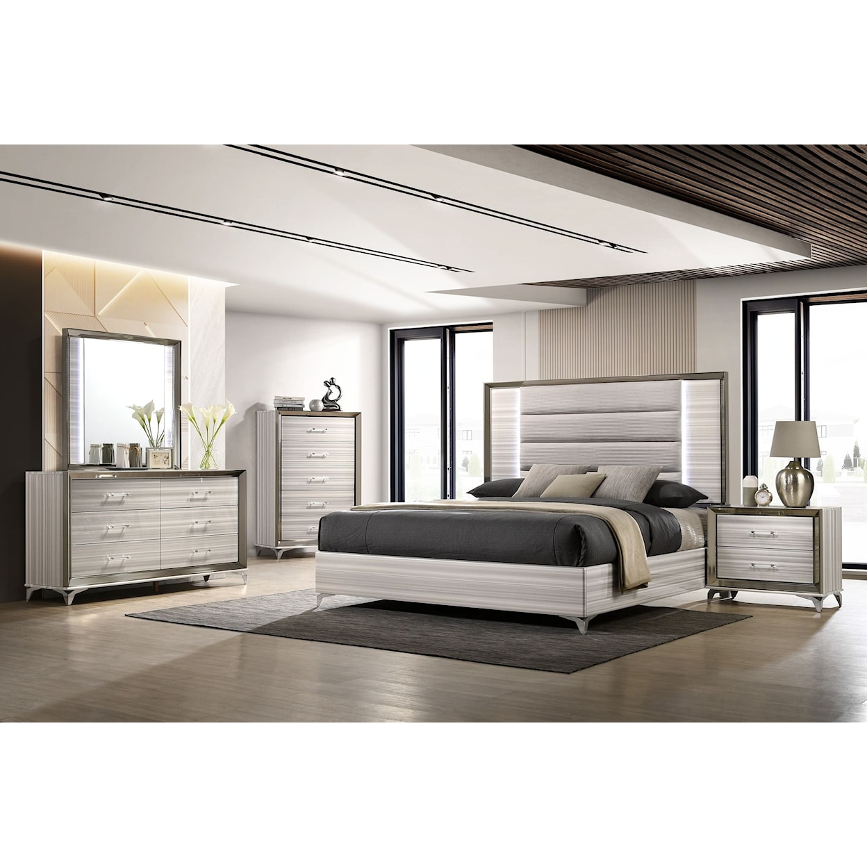 Global Furniture Zambrano King Bed with Upholstered Headboard and LED