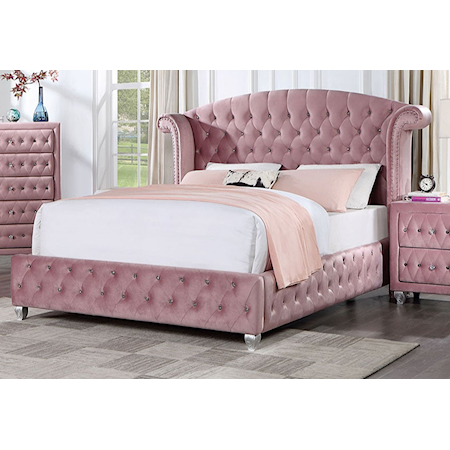 Glam Tufted Upholstered Queen Bed Pink