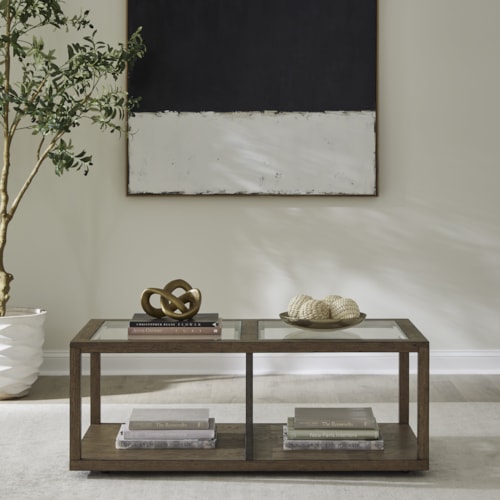 Contemporary Cocktail Table with Lower Shelf Storage and Casters