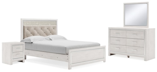 Queen Upholstered Panel Bed, Dresser, Mirror, And Nightstand