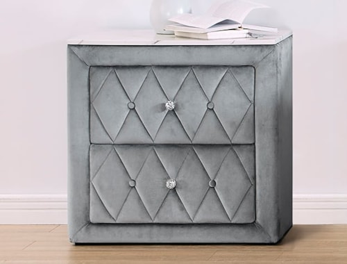 Glam Upholstered 2-Drawer Nightstand with Button Tufting and Crystal Knobs
