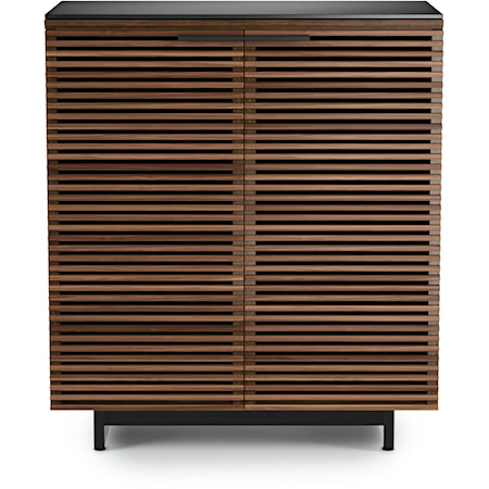 Contemporary Bar Cabinet with Louvered Doors and Hanging Wine Glass Storage