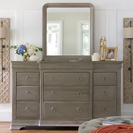 Transitional 12-Drawer Dresser and Storage Mirror Set