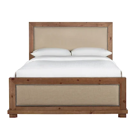 King Upholstered Bed with Distressed Pine Frame