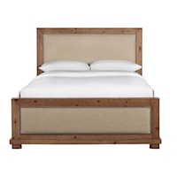 King Upholstered Bed with Distressed Pine Frame