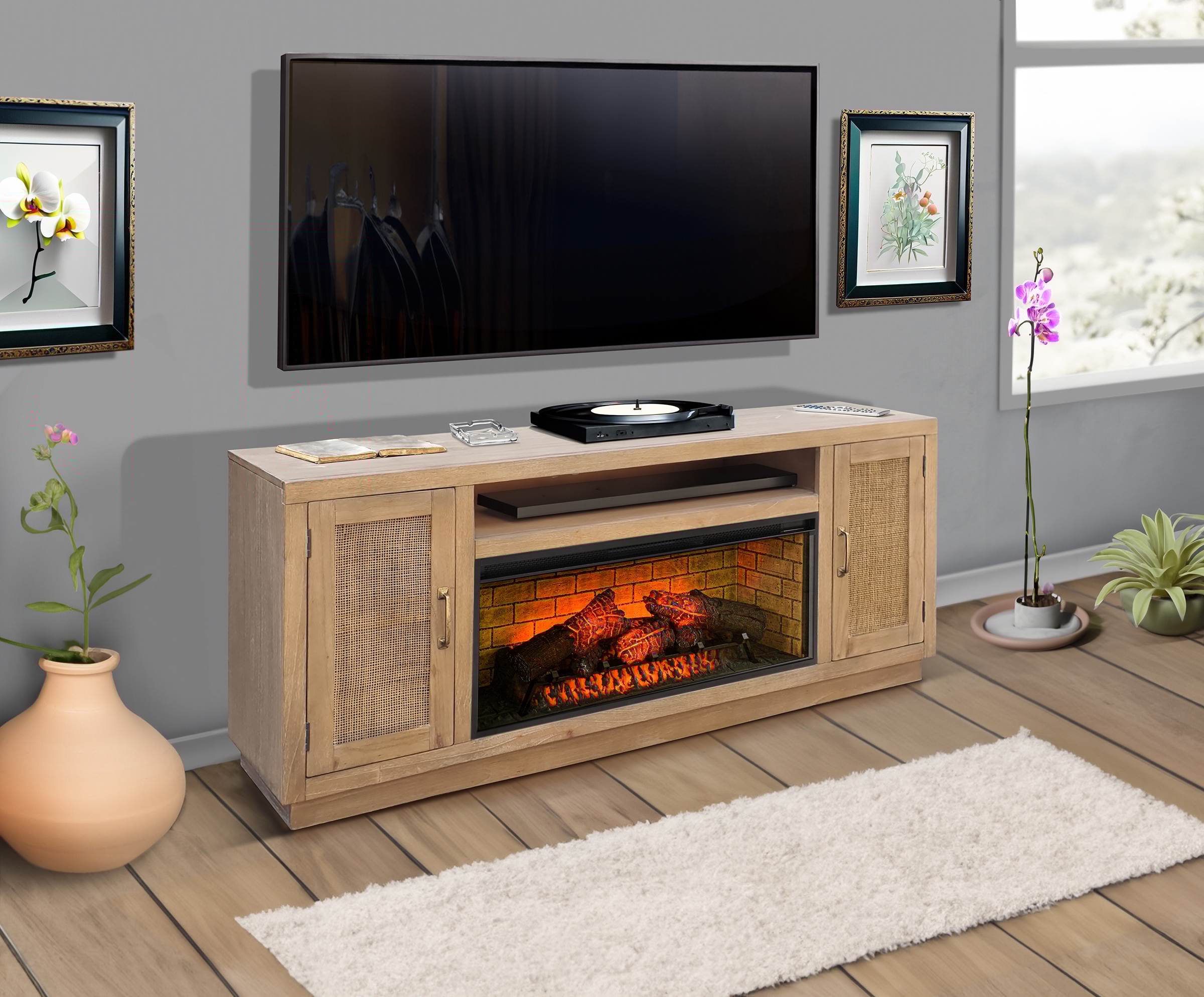78" Cane Media Console W/ Electric Fireplace