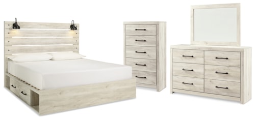 King Panel Bed With Storage, Dresser, Mirror And Chest
