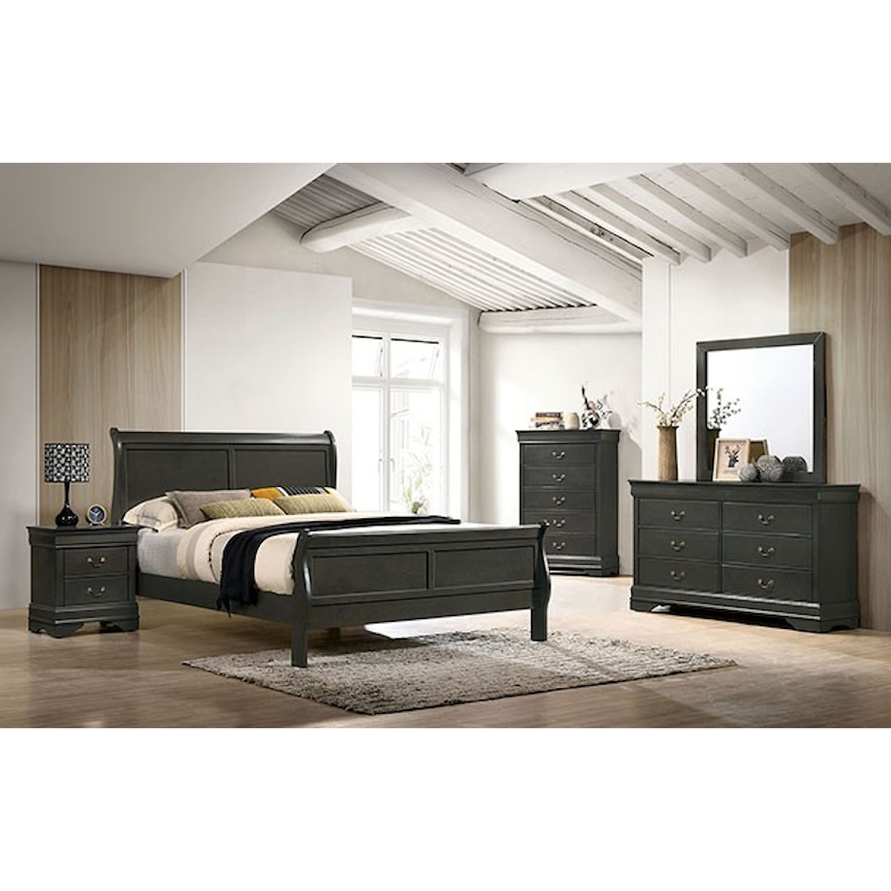 FUSA Louis Philippe Queen Bed + 1NS + Dresser + Mirror + Chest