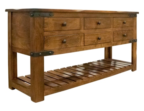 Rustic 6-Drawer Sofa Table with Lower Shelf