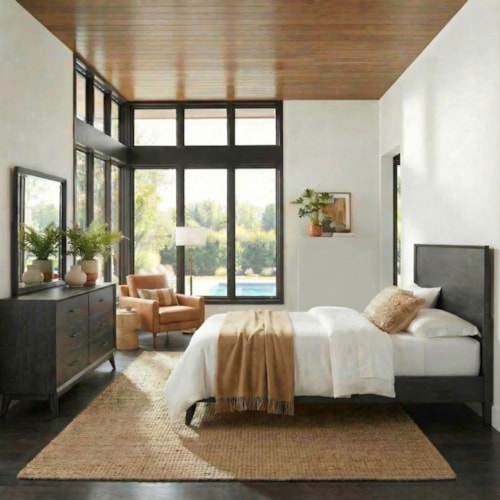 Mid Century Modern Queen Platform Bed, Dresser and Mirror