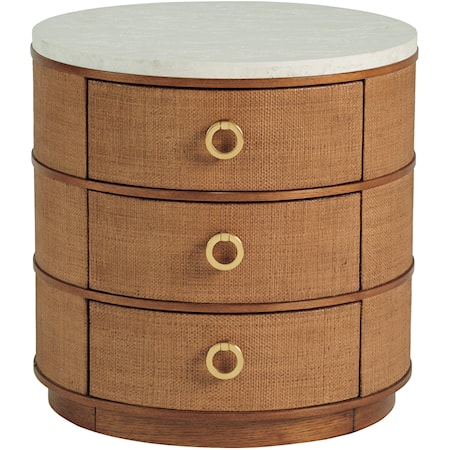 Banning 3-Drawer Raffia Round Lamp Table with Marble Top