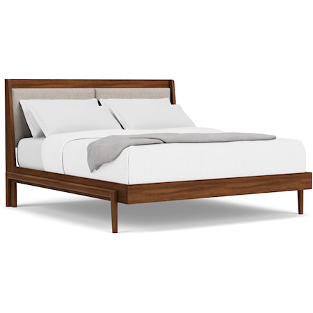 Mid-Century Modern King Platform Bed with Upholstered Headboard