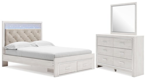 Queen Upholstered Panel Storage Bed, Dresser And Mirror