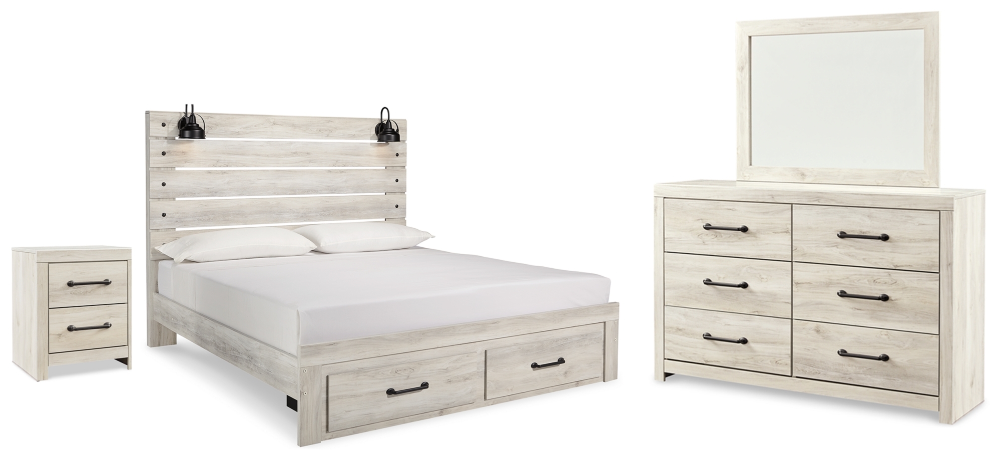 King Panel Storage Bed, Dresser, Mirror And Nightstand