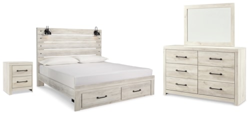 King Panel Storage Bed, Dresser, Mirror And Nightstand