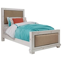 Casual Twin Upholstered Bed with Distressed Pine Frame
