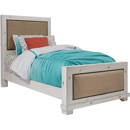 Casual Twin Upholstered Bed with Distressed Pine Frame