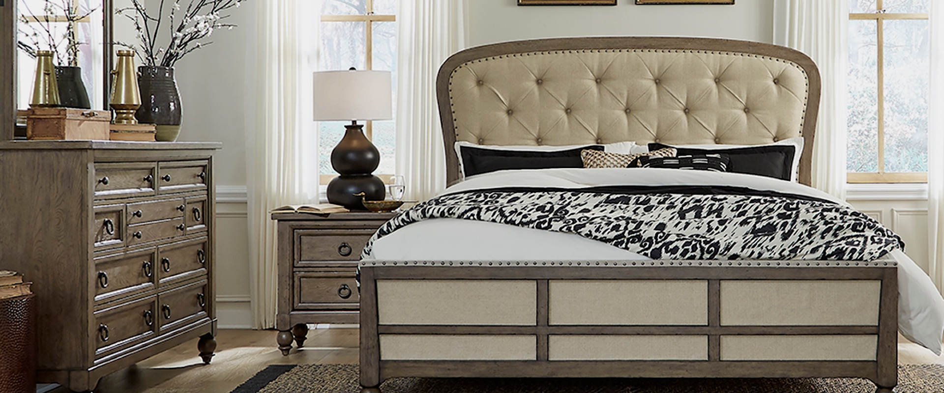 Queen Shelter Bed, Dresser & Mirror, Nightstand