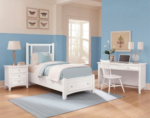 Transitional 4-Piece Blue Upholstered Twin Bedroom Set with Footboard Storage