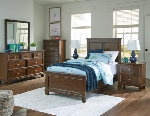 5pc Twin Panel Bed, Dresser, Mirror, Nightstand & Chest