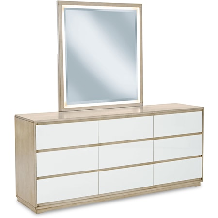 Contemporary 9-Drawer Dresser and Mirror with Built-in Lighting