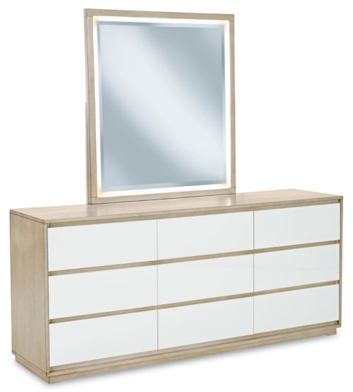 Contemporary 9-Drawer Dresser and Mirror with Built-in Lighting