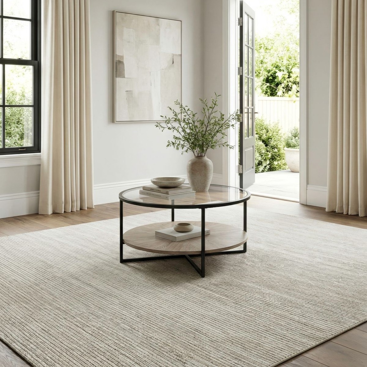 Round Glass-Top Coffee Table w/Open Shelf