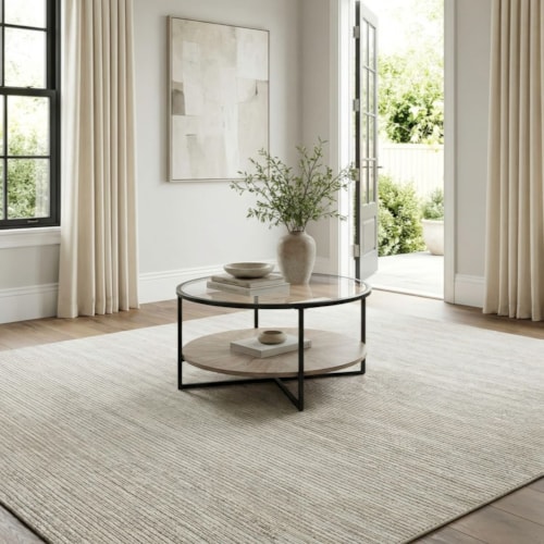 Contemporary Round Glass-Top Coffee Table with Open Sunburst Shelf